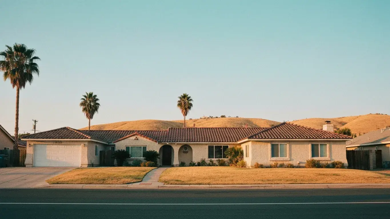 stucco Spanish-style suburban ranch home with a tile roof in Bakersfield, California