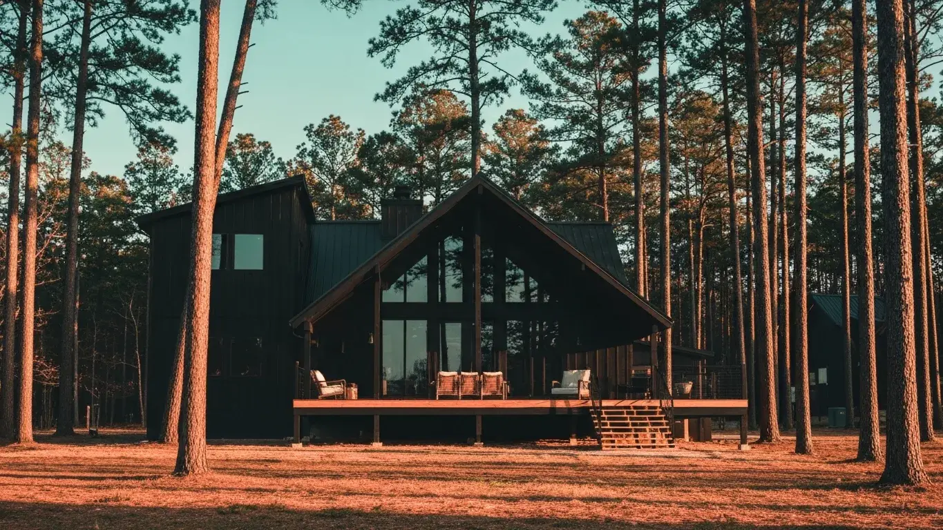 modern luxury cabin of black timber and glass in Broken Bow, Oklahoma