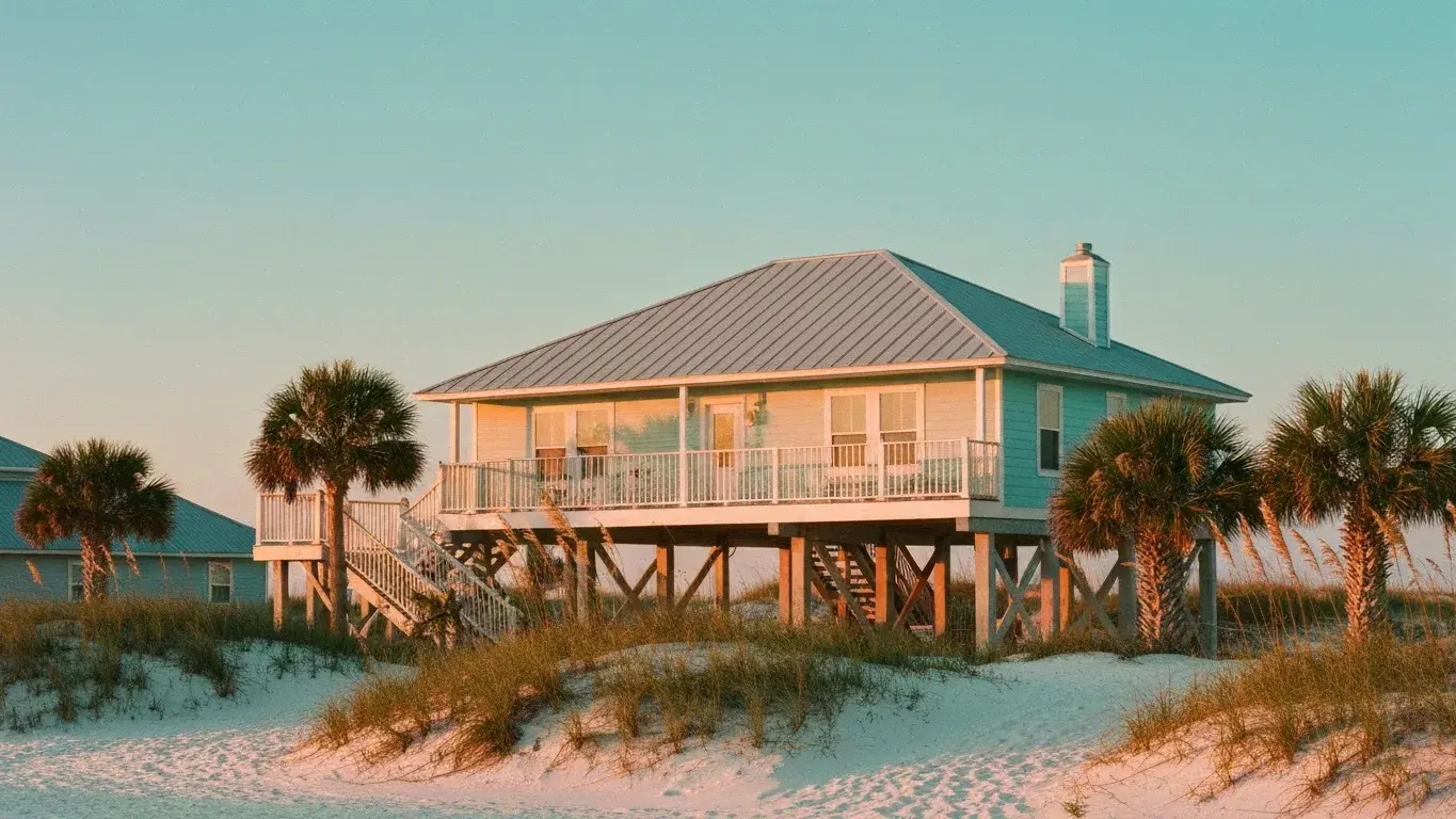 pastel stilted Gulf-front beach cottage with a metal roof in Destin, Florida