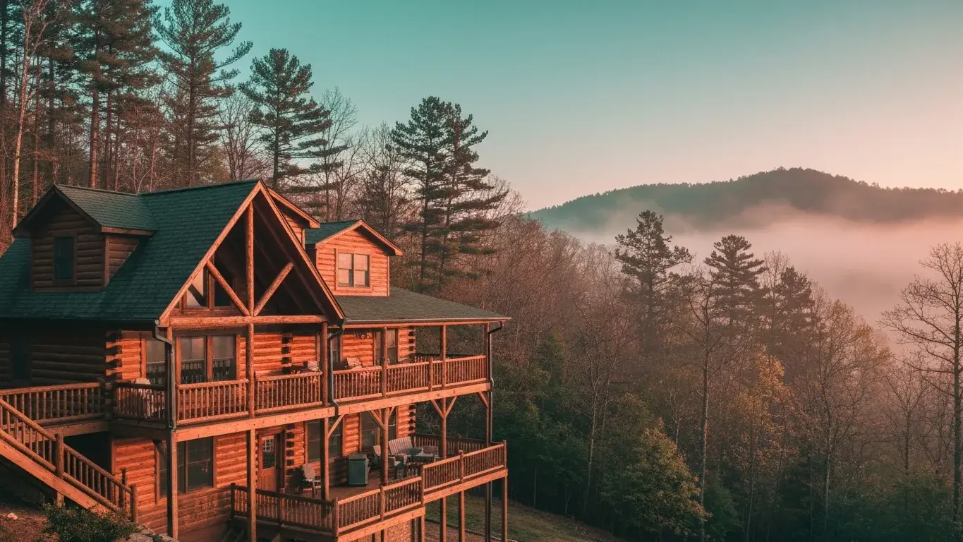 rustic multi-level timber and log cabin with wraparound decks in Gatlinburg, Tennessee