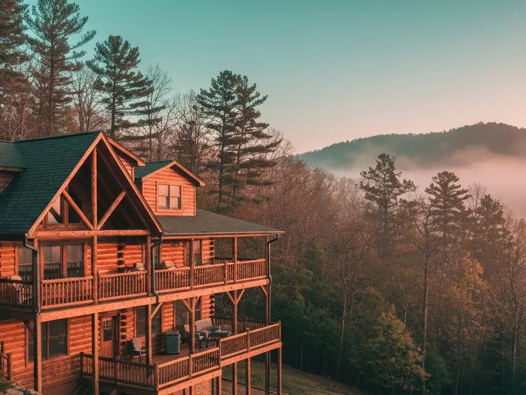 rustic multi-level timber and log cabin with wraparound decks in Gatlinburg, Tennessee