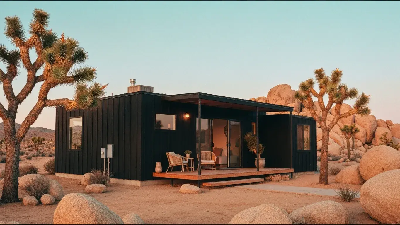 minimalist matte-black desert-modern cabin in Joshua Tree, California