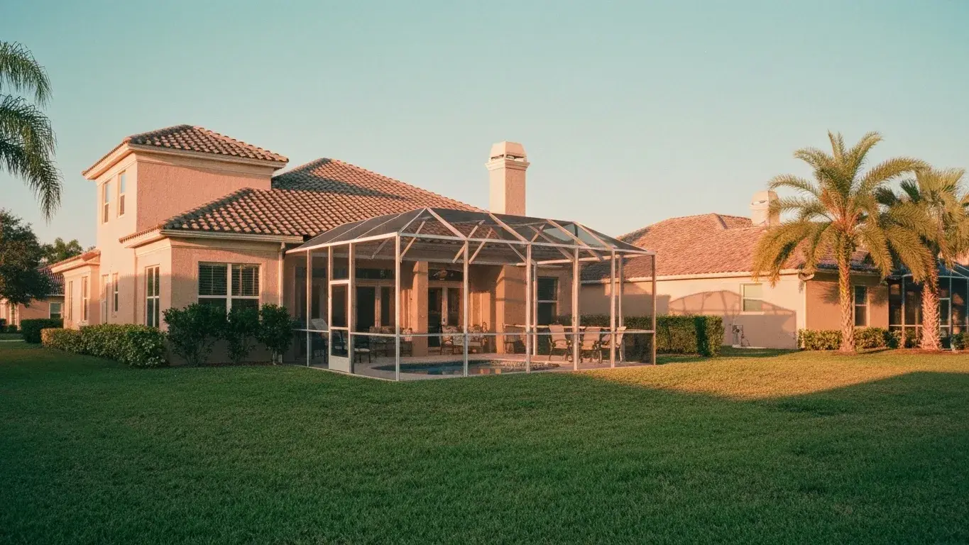 Mediterranean-style stucco vacation home with a barrel-tile roof and screened pool in Kissimmee, Florida