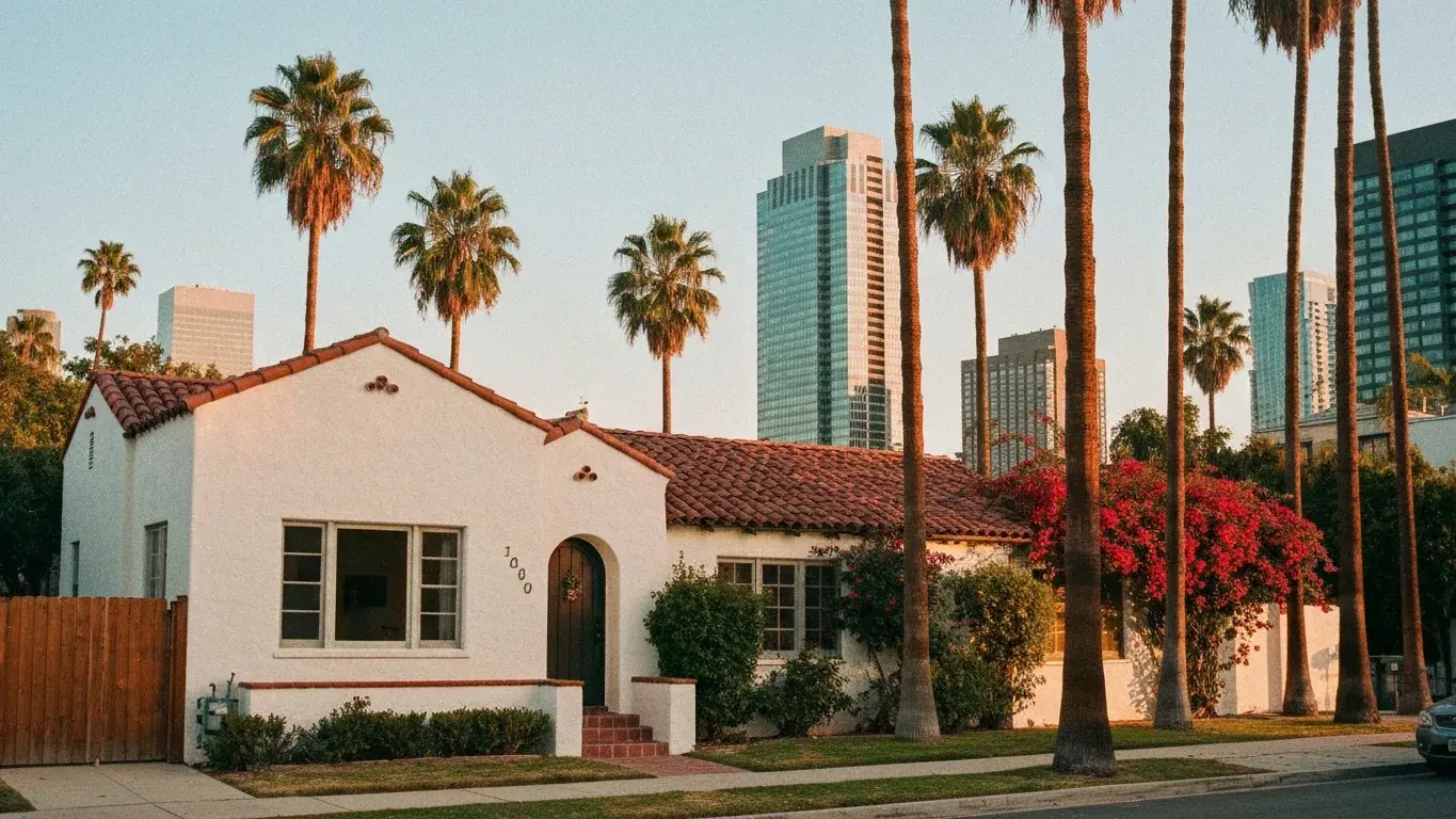 Spanish-Colonial bungalow with white stucco and a red-tile roof in Los Angeles, California