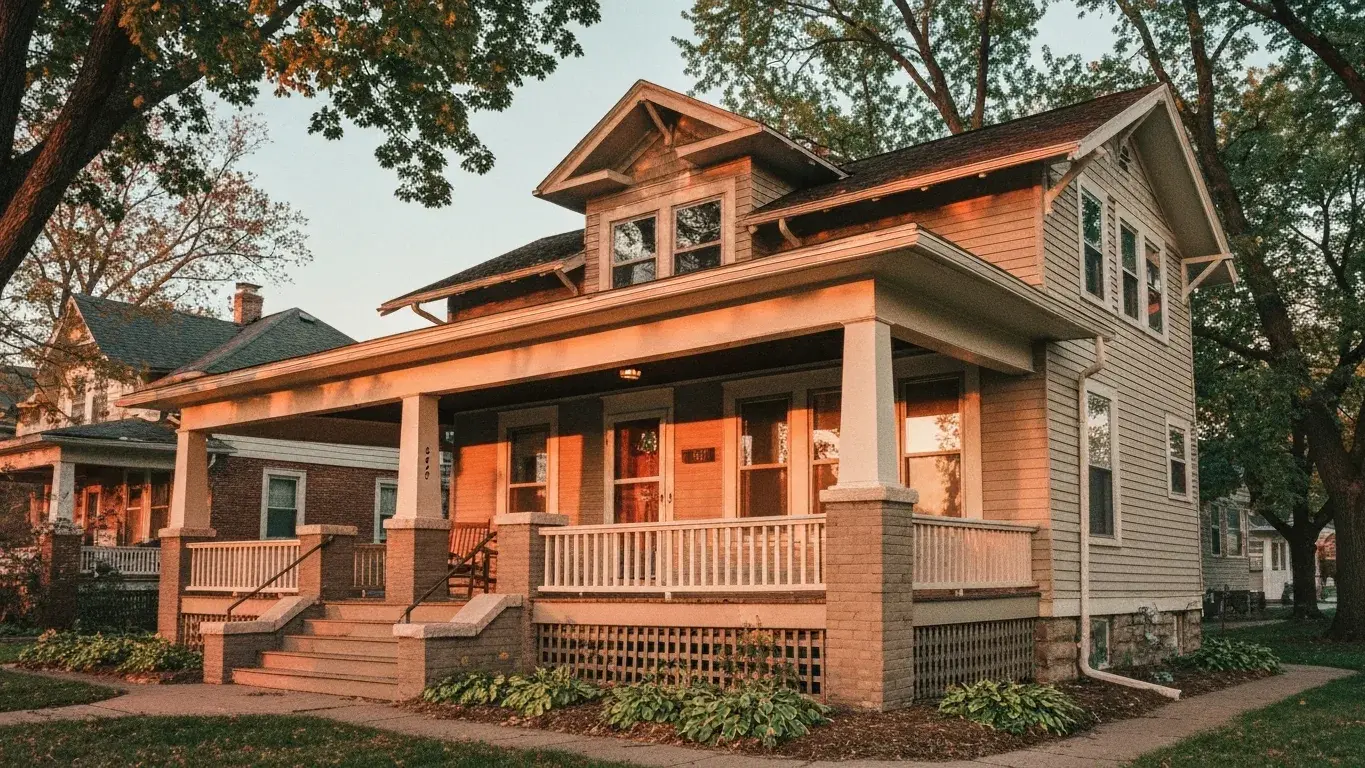 Craftsman bungalow with a deep welcoming front porch in Madison, Wisconsin