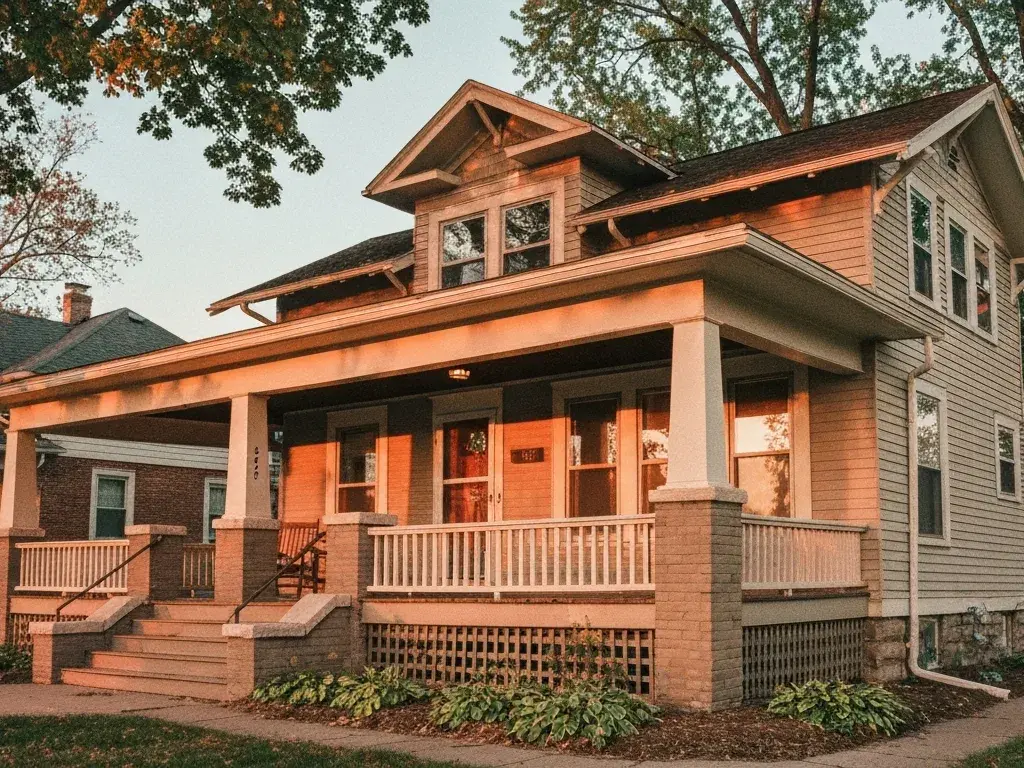 Craftsman bungalow with a deep welcoming front porch in Madison, Wisconsin