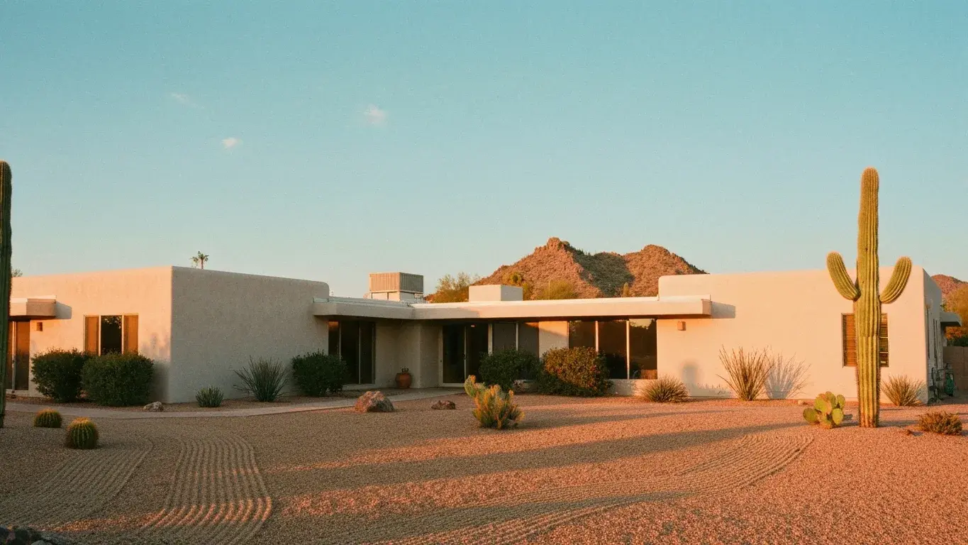 low-slung desert-modern home with smooth stucco walls and a flat roof in Scottsdale, Arizona