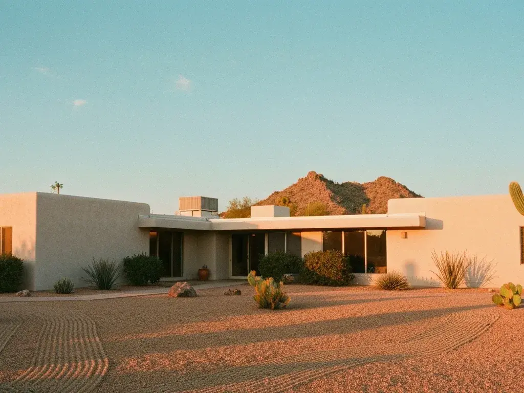 low-slung desert-modern home with smooth stucco walls and a flat roof in Scottsdale, Arizona