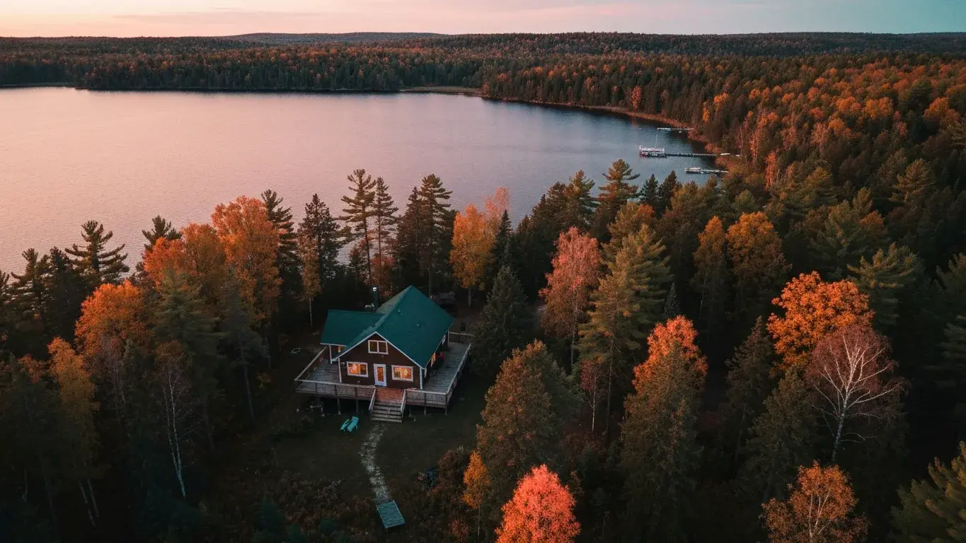 An aerial drone photograph of a lakefront cabin nestled in autumn forest, at dusk