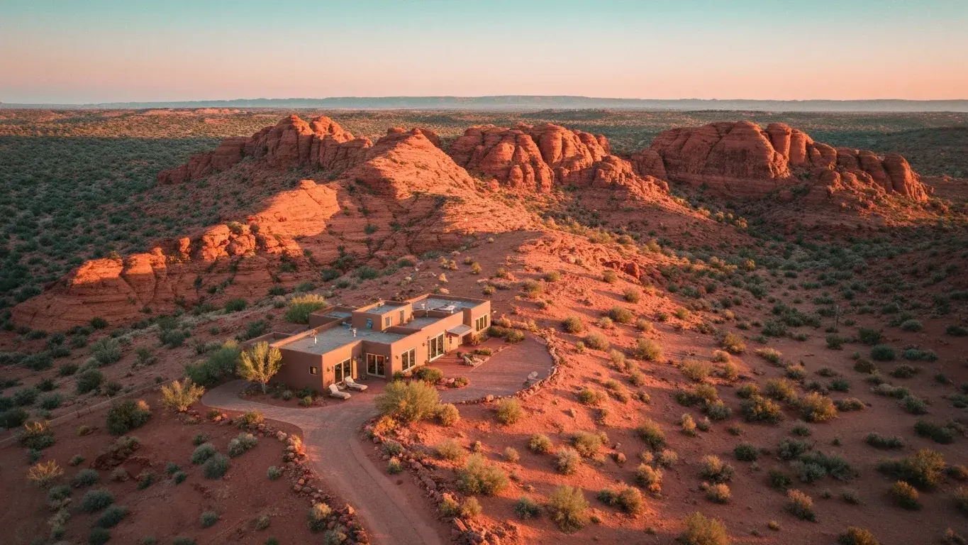 An sweeping aerial photograph of a lone desert villa amid red rock, in soft morning light
