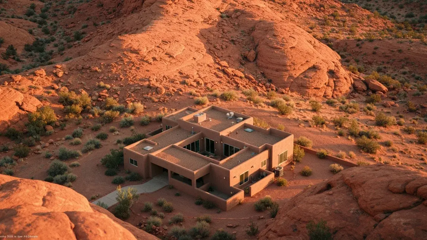 An high overhead photograph of a lone desert villa amid red rock, at golden hour