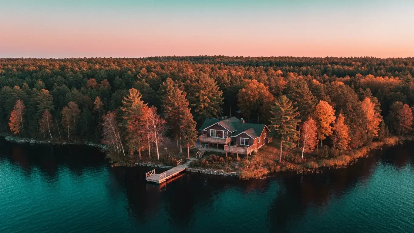 An sweeping aerial photograph of a lakefront cabin nestled in autumn forest, at dusk