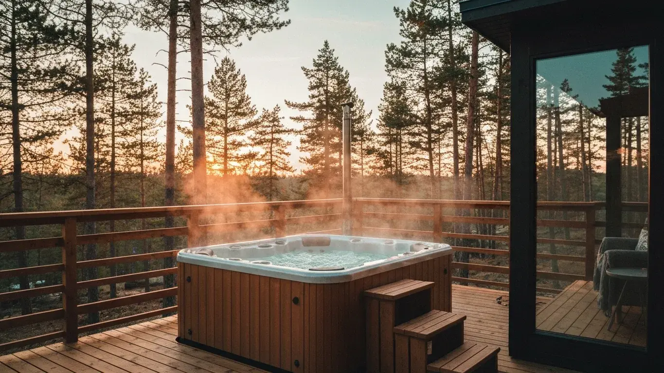 atmospheric wide photograph of a steaming hot tub on a wooden deck surrounded by pine forest, at golden hour