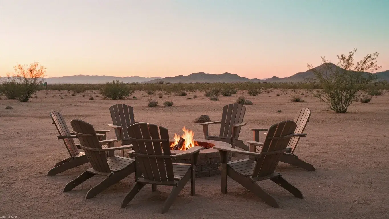 inviting lifestyle photograph of a fire pit ringed with Adirondack chairs with a desert sunset backdrop, on a warm morning