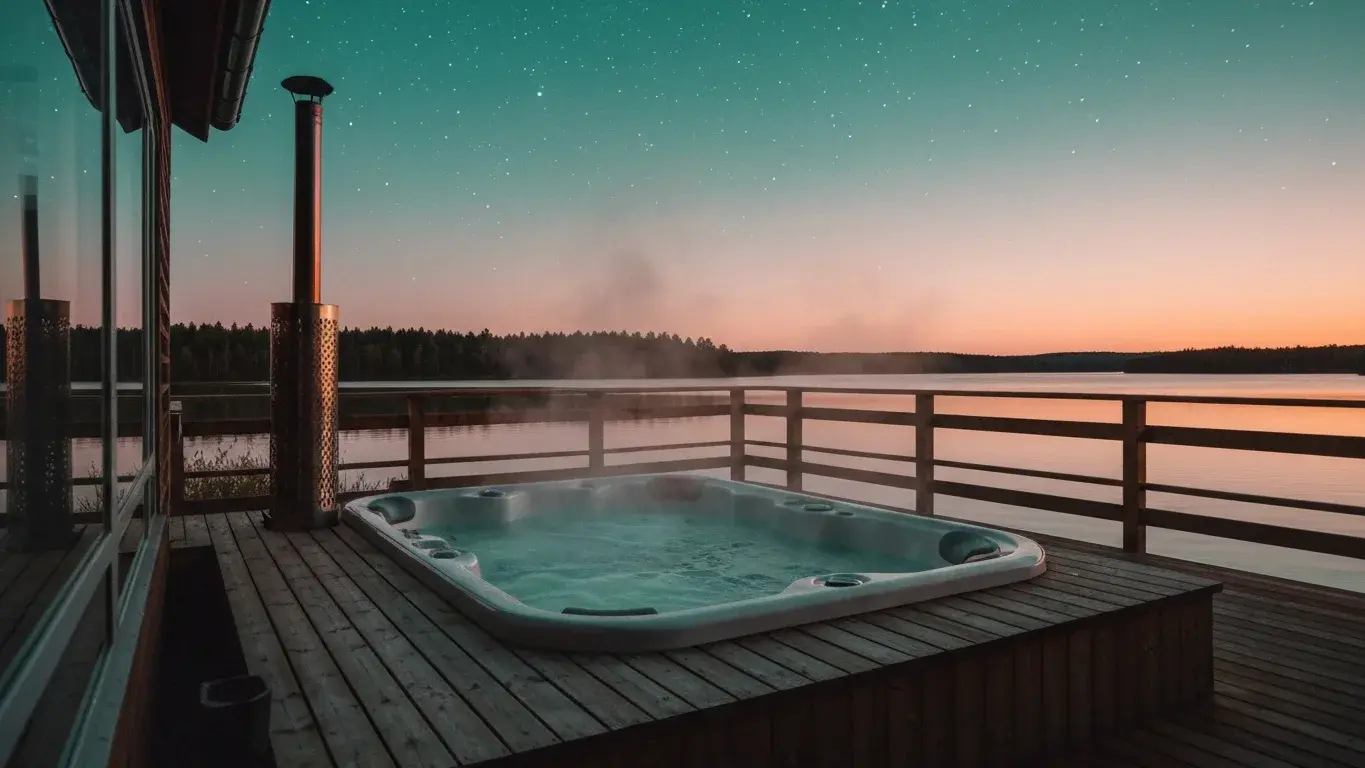 cinematic photograph of a steaming hot tub on a wooden deck beside a calm lake, under a starry night sky
