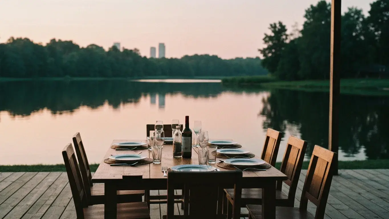 atmospheric wide photograph of an outdoor dining table set for dinner beside a calm lake, on a warm morning