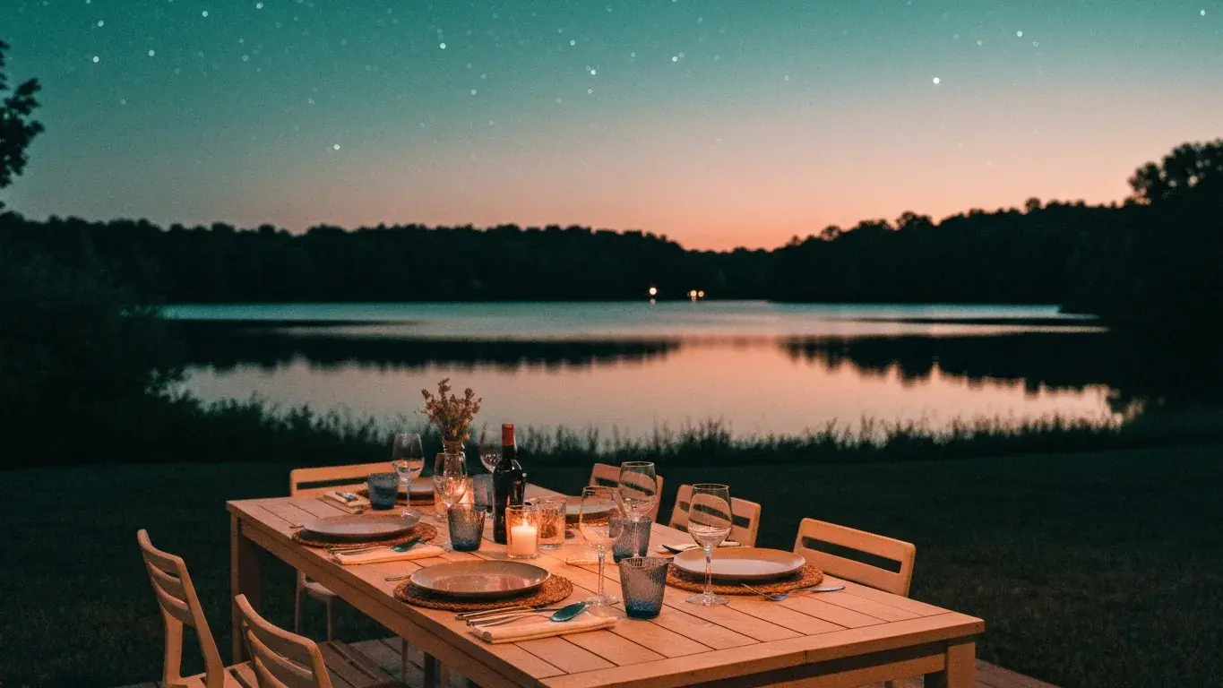 inviting lifestyle photograph of an outdoor dining table set for dinner beside a calm lake, under a starry night sky
