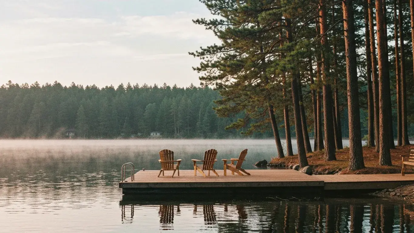 inviting lifestyle photograph of a private lakeside dock with chairs surrounded by pine forest, on a warm morning