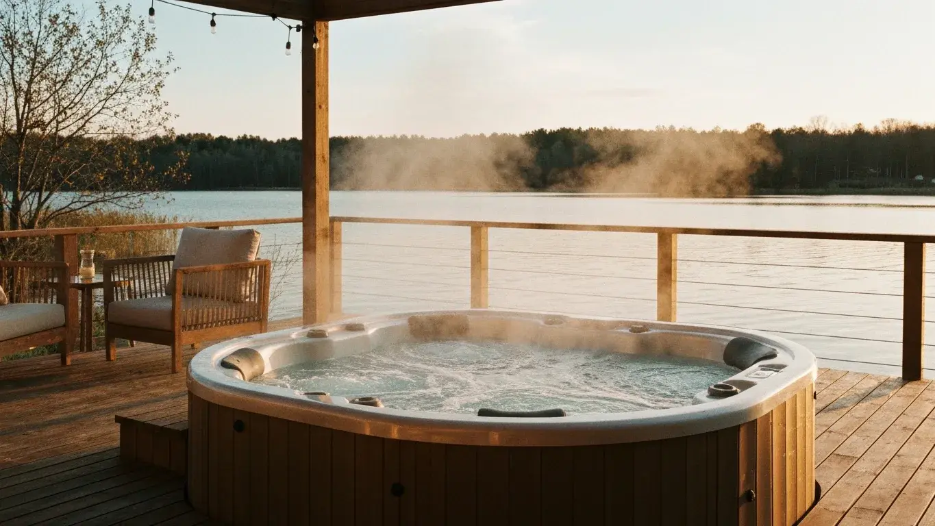 inviting lifestyle photograph of a steaming hot tub on a wooden deck beside a calm lake, at golden hour