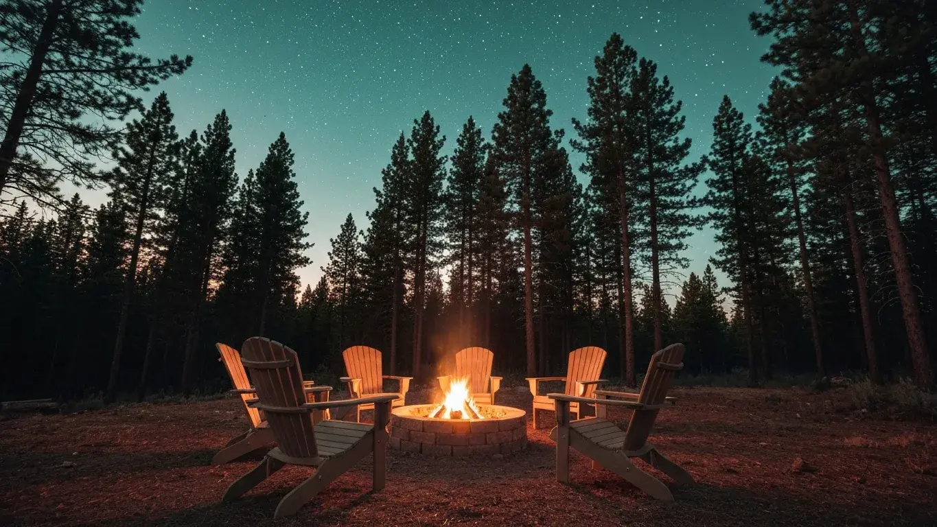 inviting lifestyle photograph of a fire pit ringed with Adirondack chairs surrounded by pine forest, under a starry night sky