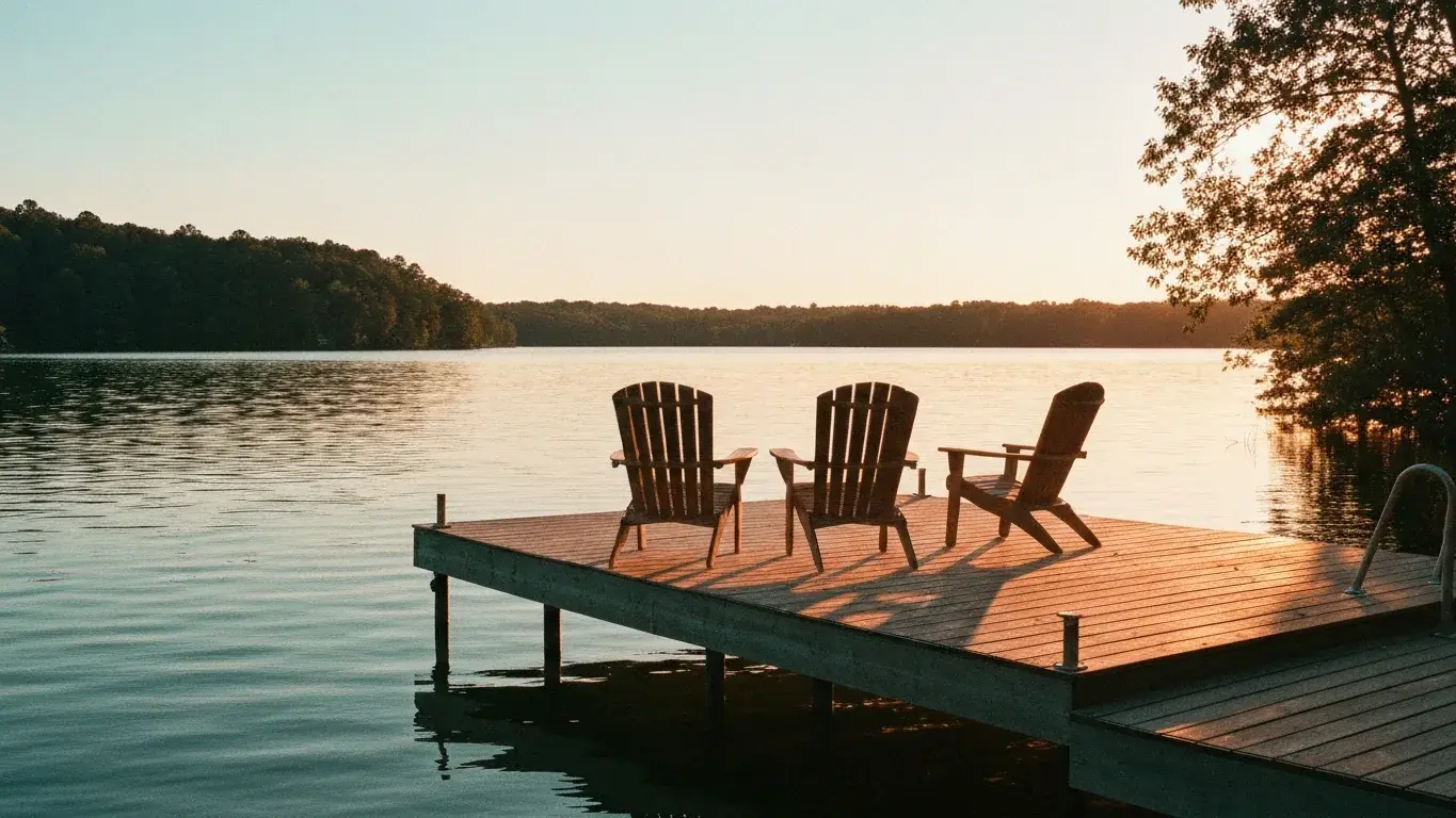 inviting lifestyle photograph of a private lakeside dock with chairs beside a calm lake, at golden hour