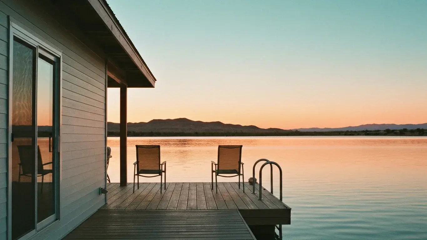 inviting lifestyle photograph of a private lakeside dock with chairs with a desert sunset backdrop, at golden hour