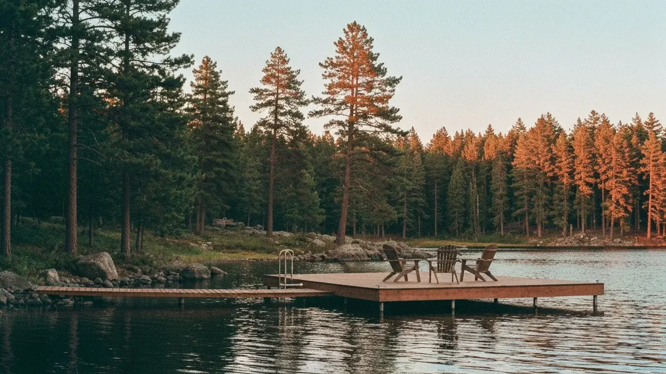 cinematic photograph of a private lakeside dock with chairs surrounded by pine forest, at golden hour