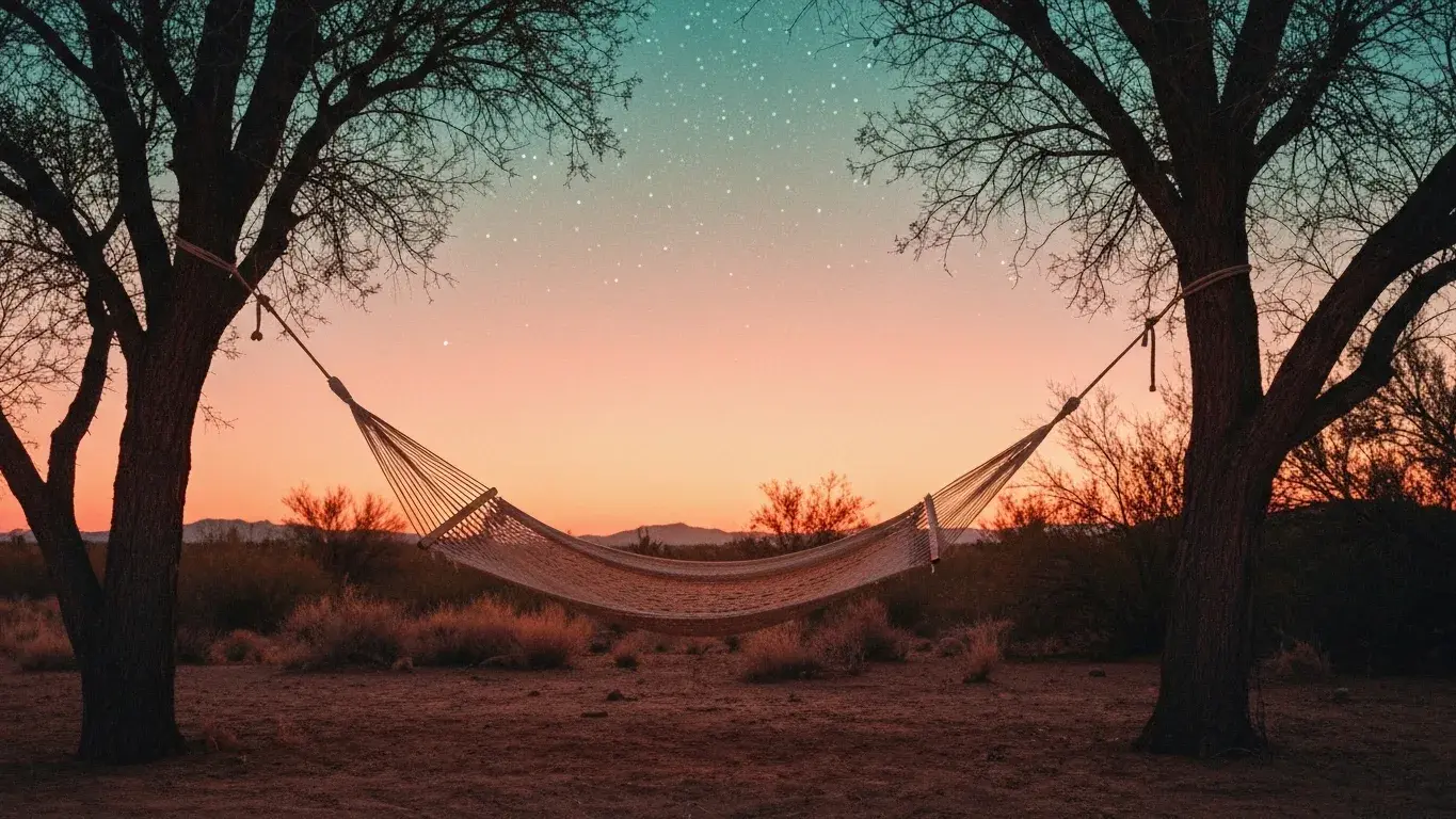 cinematic photograph of a hammock slung between two trees with a desert sunset backdrop, under a starry night sky