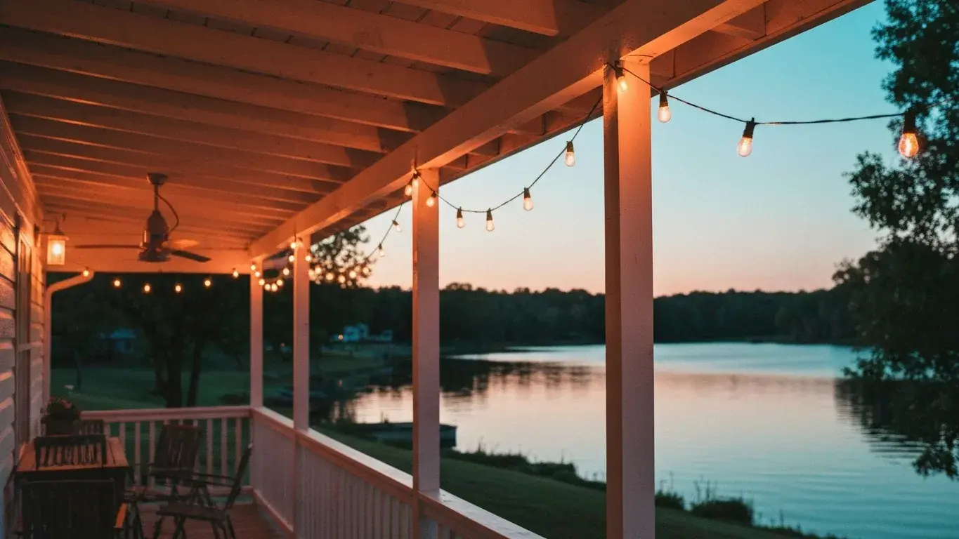 inviting lifestyle photograph of a covered porch strung with warm string lights beside a calm lake, at blue-hour dusk