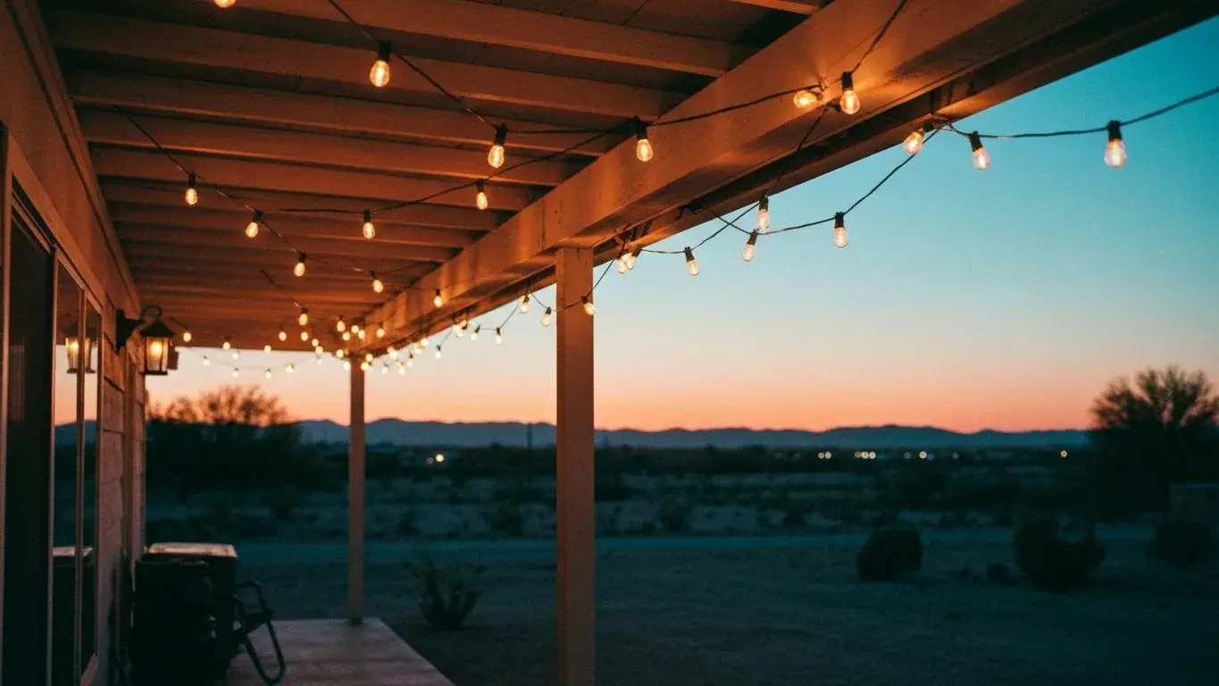 atmospheric wide photograph of a covered porch strung with warm string lights with a desert sunset backdrop, at blue-hour dusk