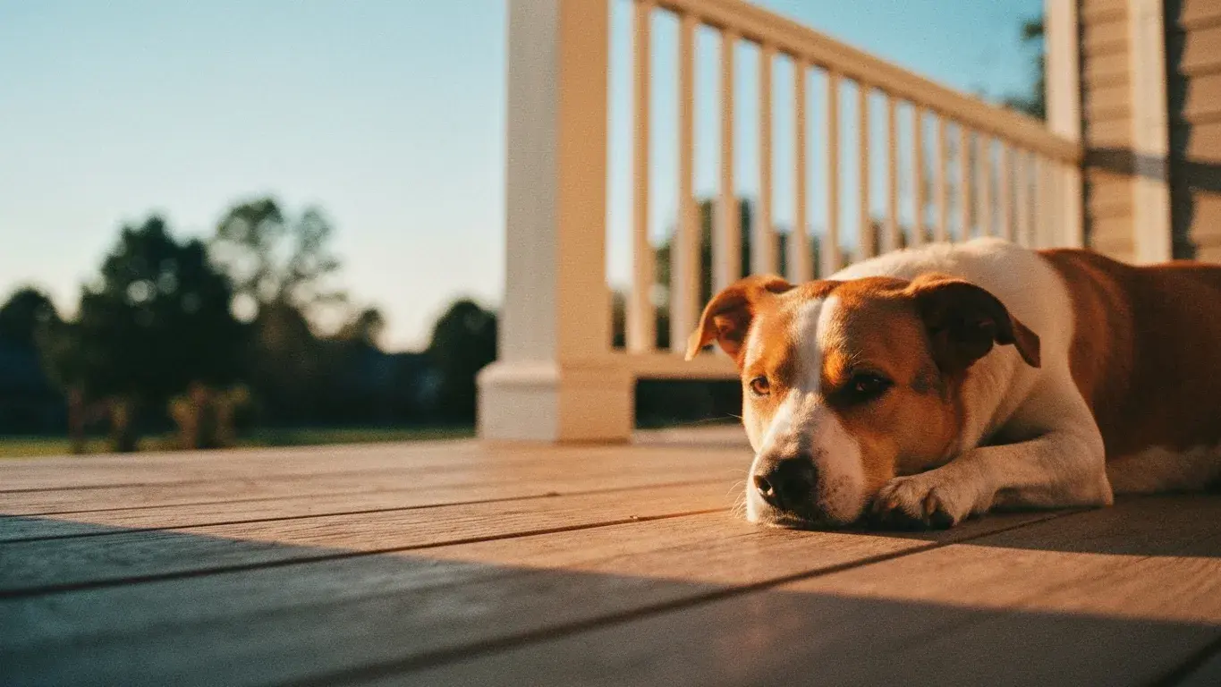 intimate detail photograph of a dog resting on a sunny porch, on a bright clear morning