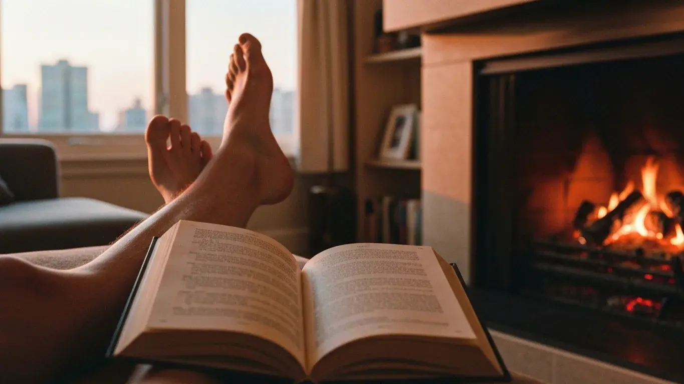 cinematic wide lifestyle photograph of feet up and an open book by a fireplace, at sunset