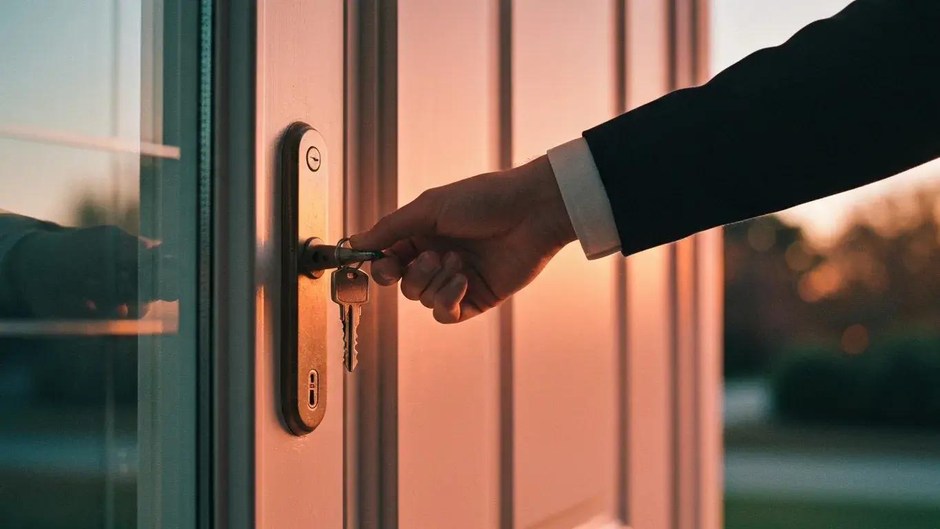 cinematic wide lifestyle photograph of a hand turning a key in a front door, at warm dusk