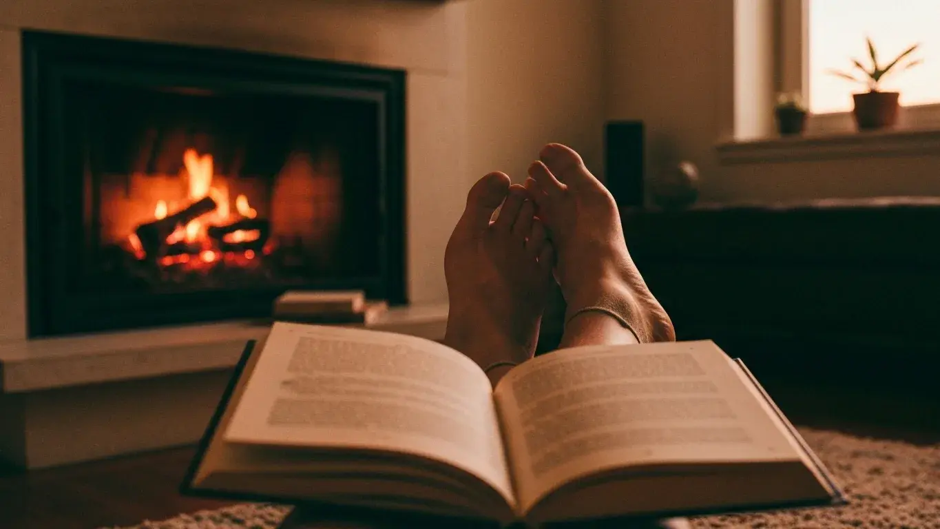 candid lifestyle photograph of feet up and an open book by a fireplace, at warm dusk