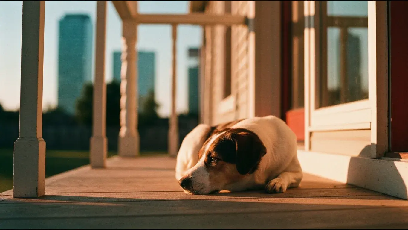 intimate detail photograph of a dog resting on a sunny porch, at golden hour
