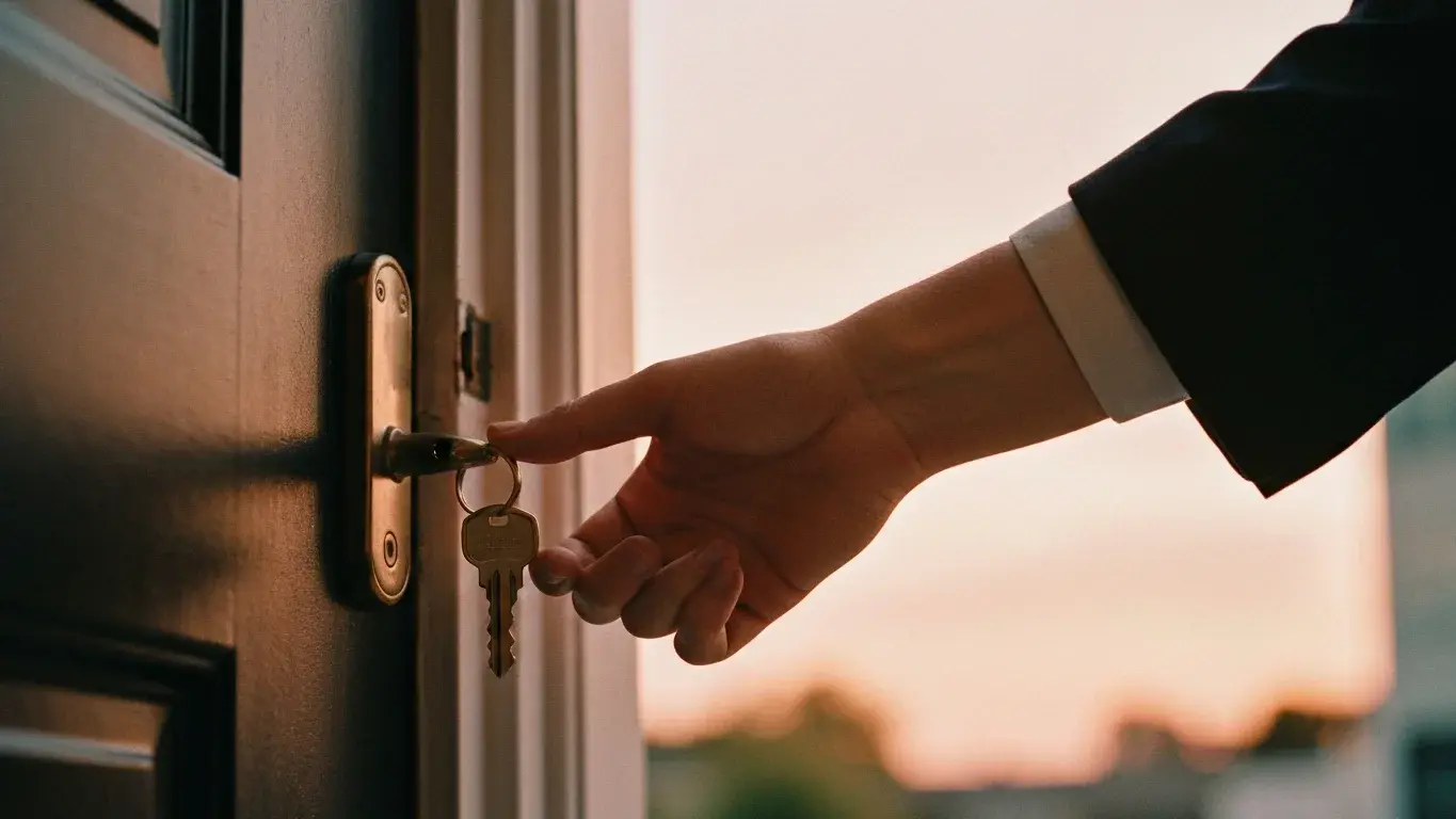 candid lifestyle photograph of a hand turning a key in a front door, at sunset