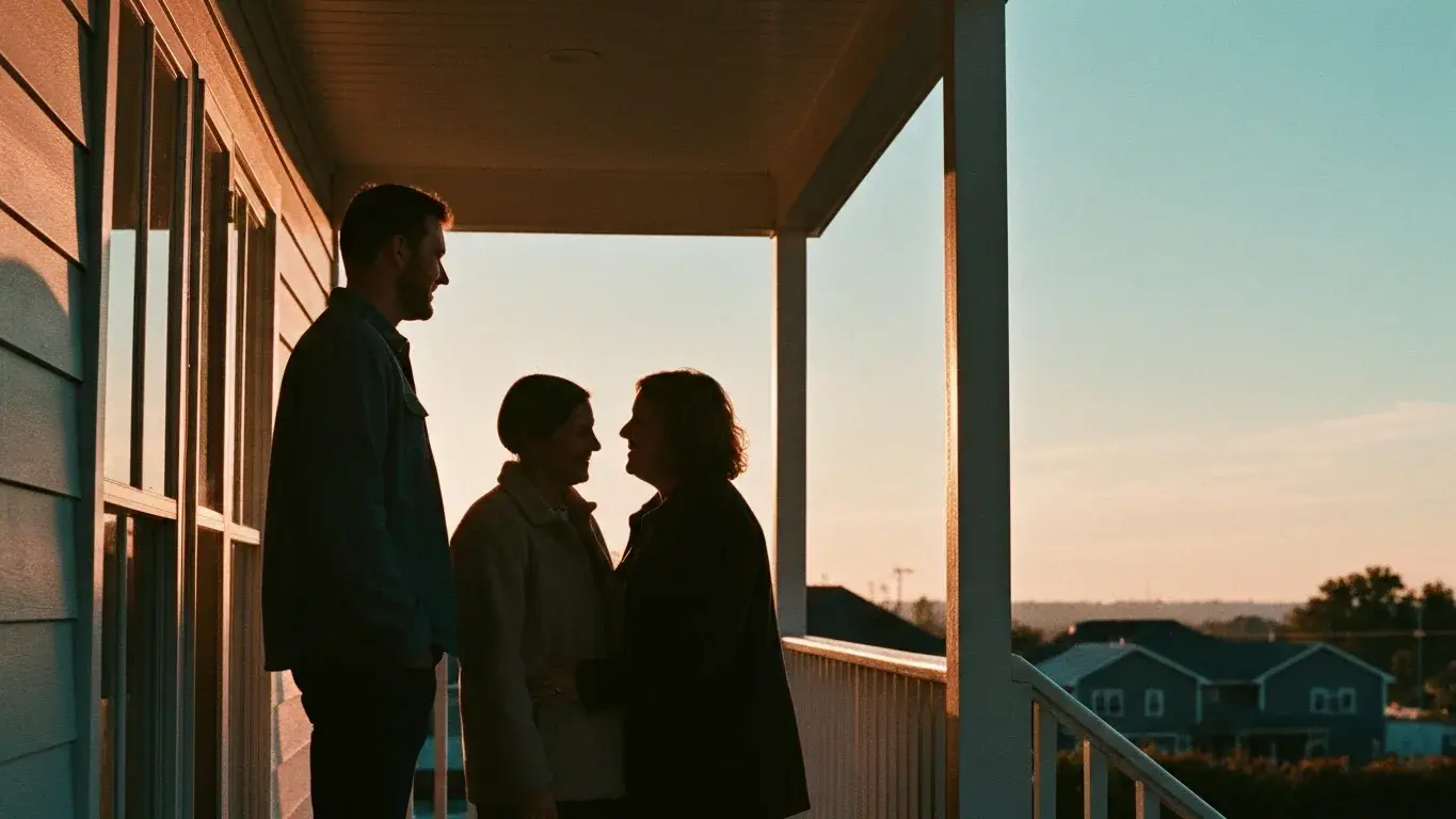candid lifestyle photograph of a couple silhouetted on a porch, on a bright clear morning