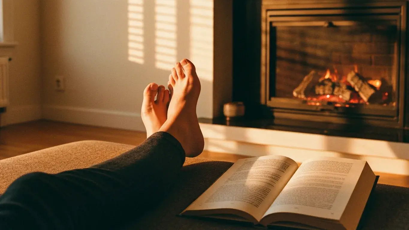 cinematic wide lifestyle photograph of feet up and an open book by a fireplace, at golden hour