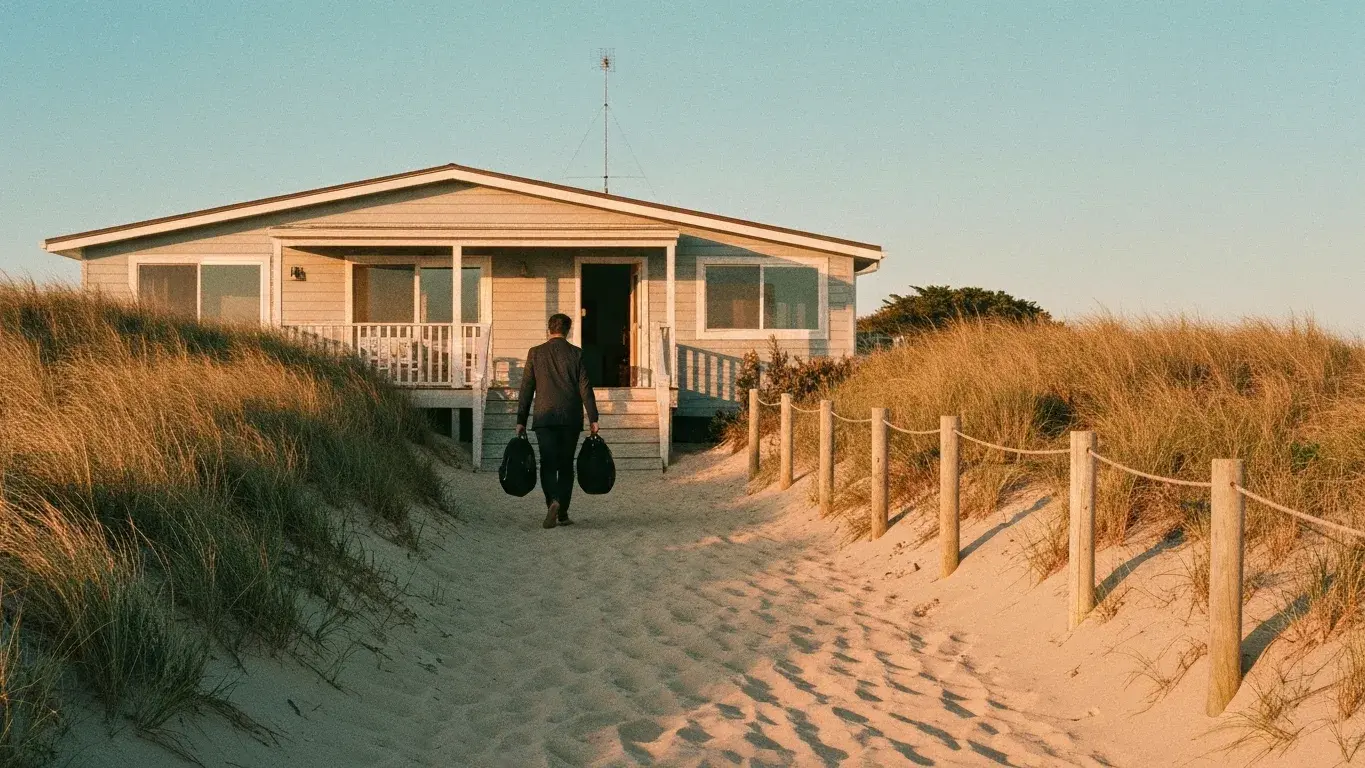 cinematic wide lifestyle photograph of a faceless guest carrying bags toward a beach house, at golden hour