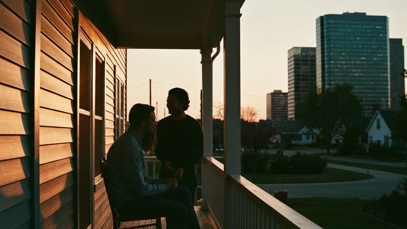 candid lifestyle photograph of a couple silhouetted on a porch, at golden hour