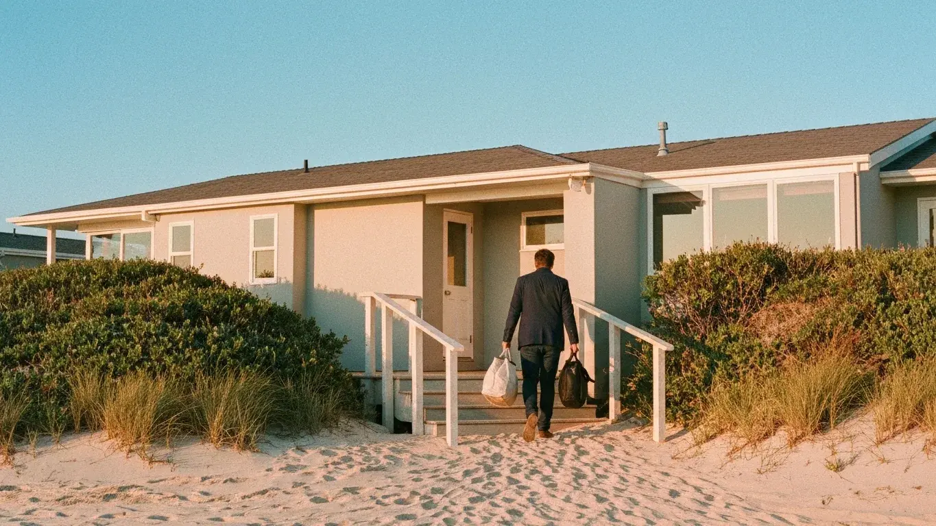 candid lifestyle photograph of a faceless guest carrying bags toward a beach house, on a bright clear morning