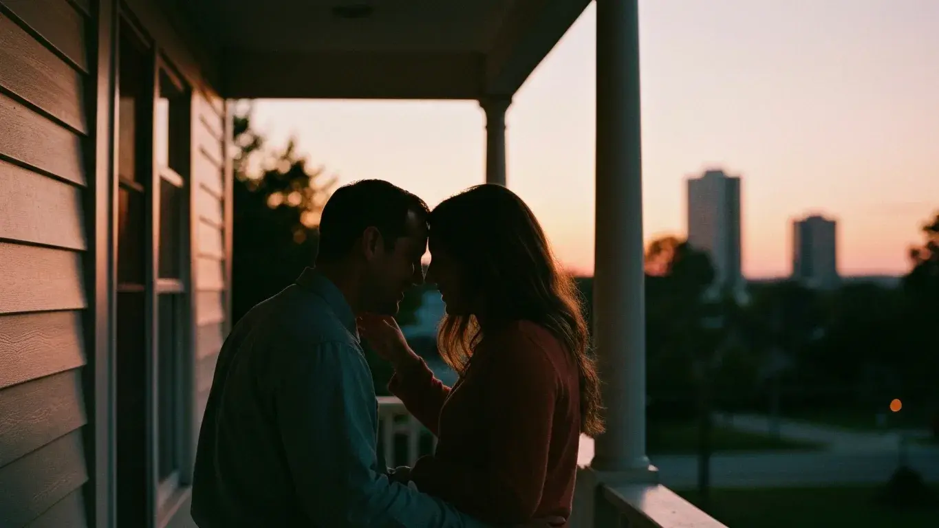 intimate detail photograph of a couple silhouetted on a porch, at warm dusk