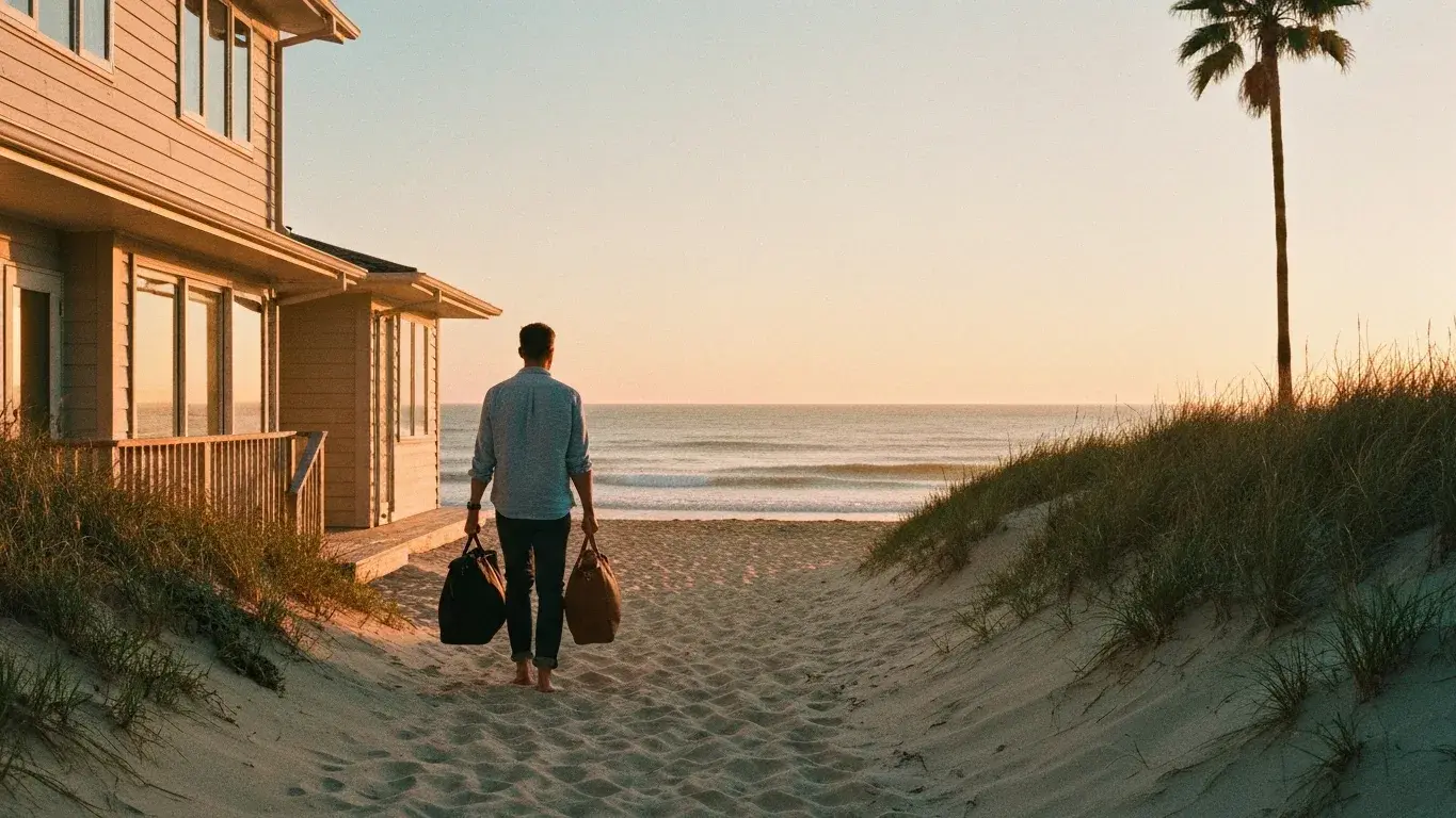 cinematic wide lifestyle photograph of a faceless guest carrying bags toward a beach house, at sunset