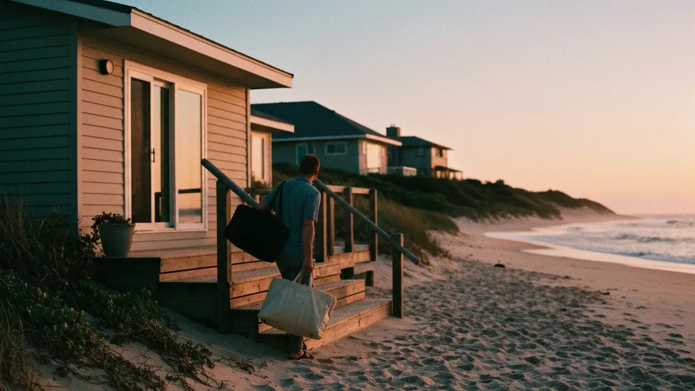 intimate detail photograph of a faceless guest carrying bags toward a beach house, at warm dusk