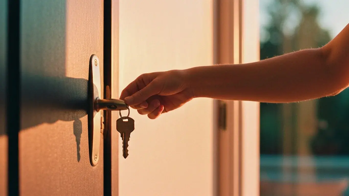 cinematic wide lifestyle photograph of a hand turning a key in a front door, at golden hour