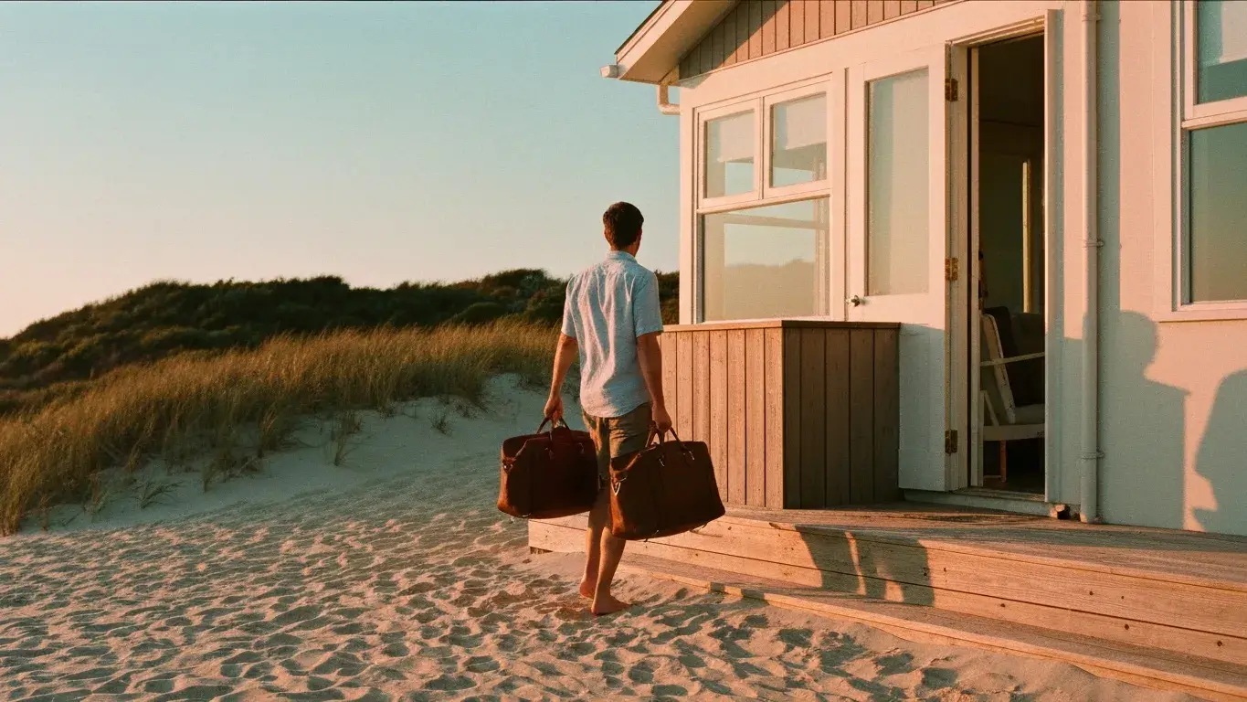 intimate detail photograph of a faceless guest carrying bags toward a beach house, at golden hour