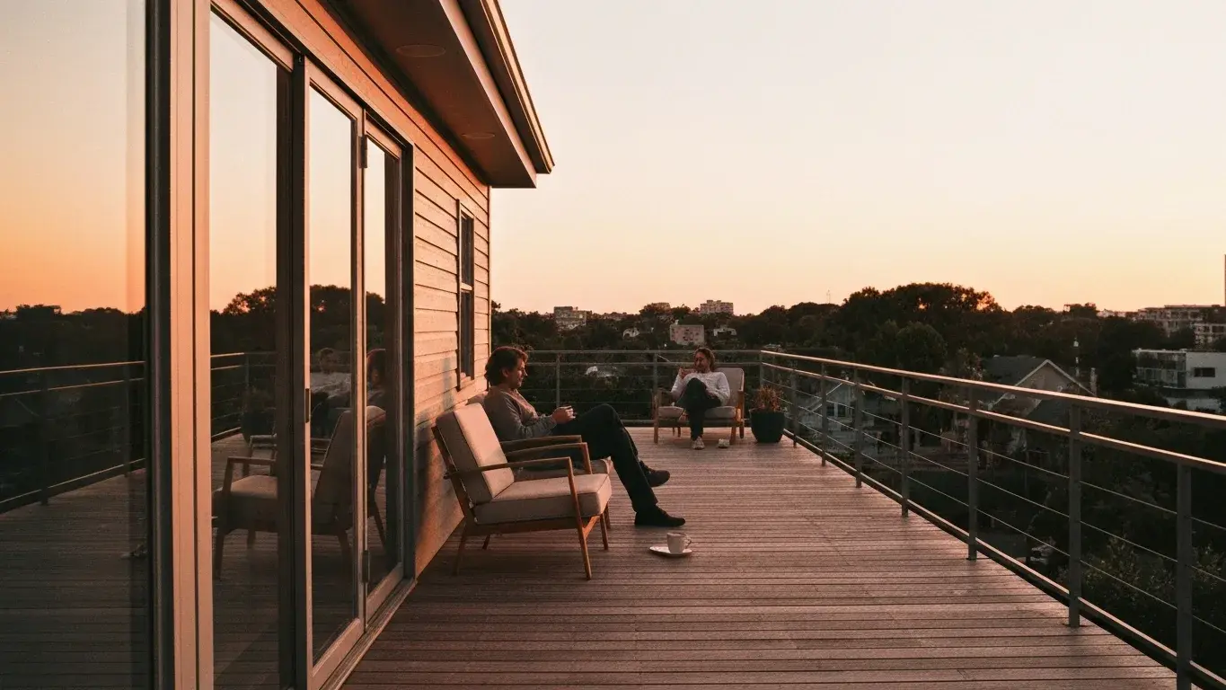 cinematic wide lifestyle photograph of two distant figures relaxing on a deck with coffee, at sunset