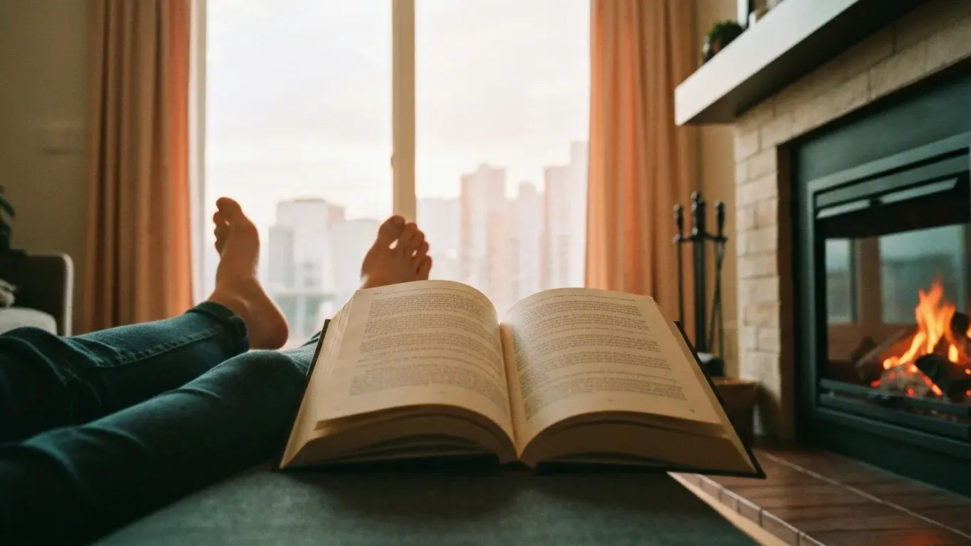 candid lifestyle photograph of feet up and an open book by a fireplace, on a bright clear morning