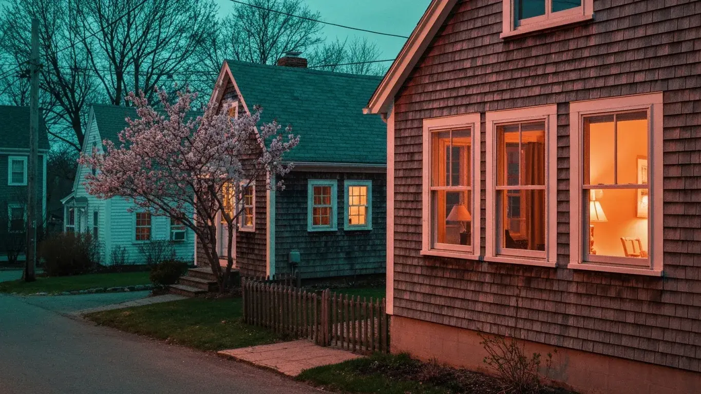 intimate exterior detail photograph of a cape cod cottage set in a quiet small-town street, blue-hour dusk with windows glowing, spring bloom