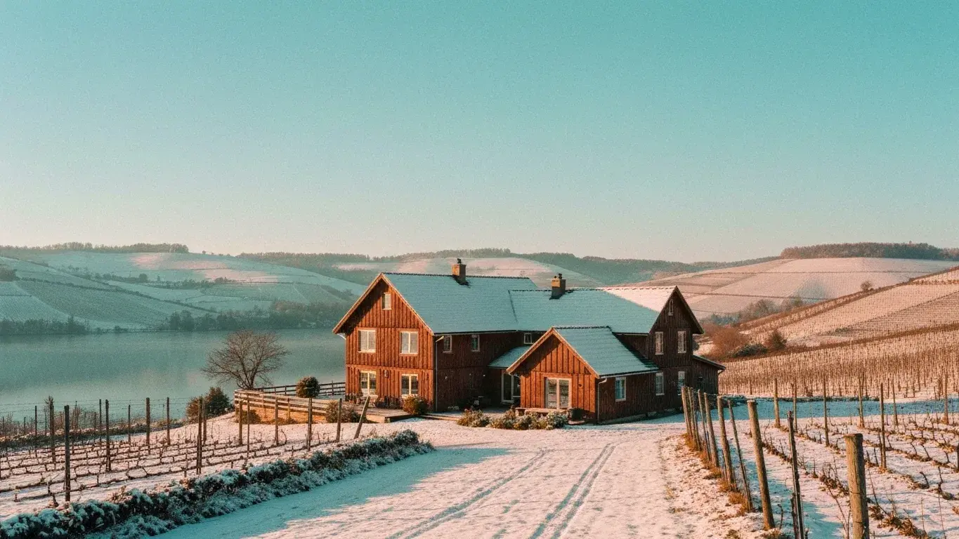 wide establishing exterior photograph of a lakefront timber house set in rolling vineyard hills, a clear bright morning, fresh winter snow